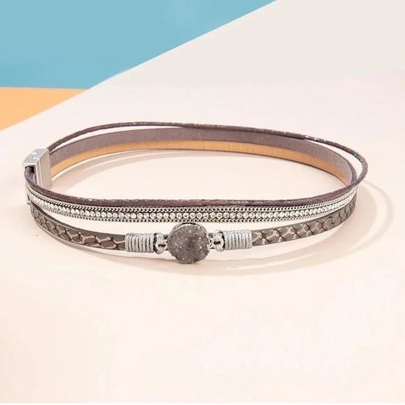Bohemian Gray Faux Leather Layered Wrap Bracelet - Picture 3 of 6